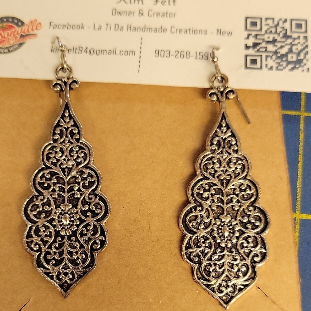 Silver Tone Filigree Design 2" Tear Drop Earrings